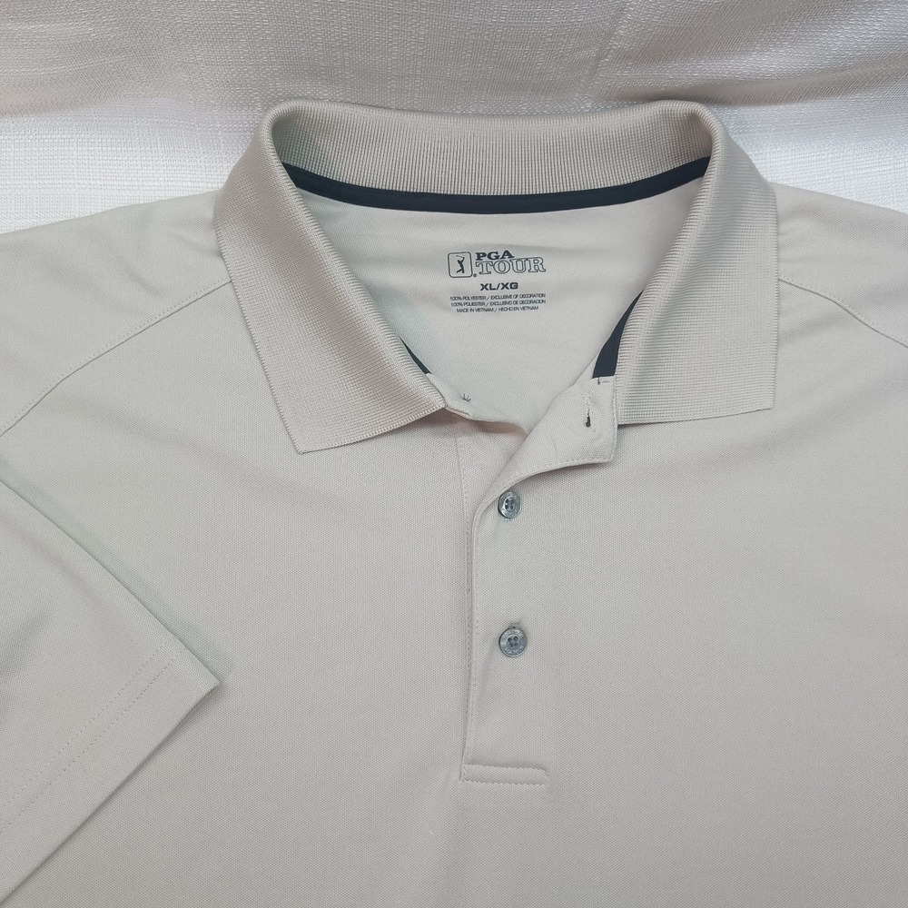 PGA Tour Golf Mens XL Short Sleeve Polo Beige Black Sport Shirt Breathable